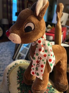 Plush Brown Reindeer Holiday Accent Festive Polka-Dot Scarf &.Bright Red Nose